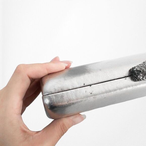 Small Rectangular Metallic Silver Gray Rhinestone Leather Look Clutch Bag - Picture 6 of 7